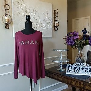 Burgundy Asymmetrical Long Sleeves Embellished Top By Tahari. Size L